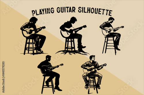 Silhouette of Person Playing Guitar. Musician Playing Guitar Silhouette.