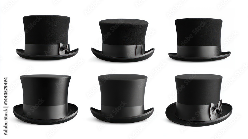 Set of black wool top hats with wide satin ribbons on white background. Set of black wool top hats with wide satin ribbons on white background.