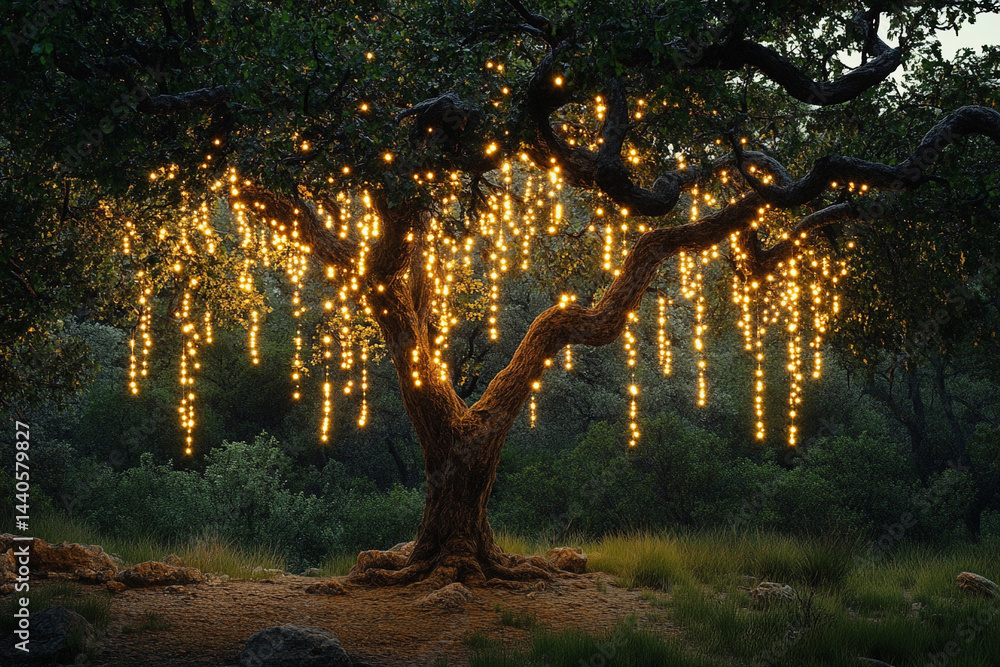 Fototapeta premium Magical glowing tree with hanging lights in a serene nighttime landscape