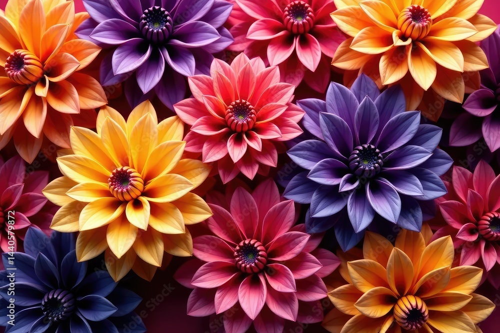 Obraz premium Intricate dahlia blooms in vibrant hues, forming a repeating pattern , texture, repeat