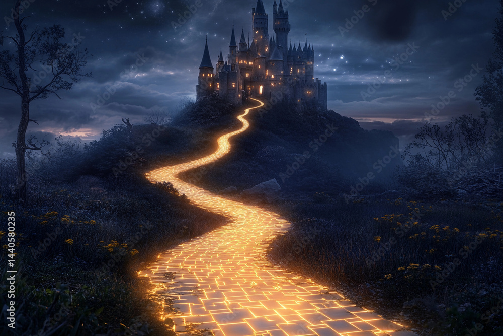 Fototapeta premium Majestic castle illuminated by glowing pathway at night under a starry sky