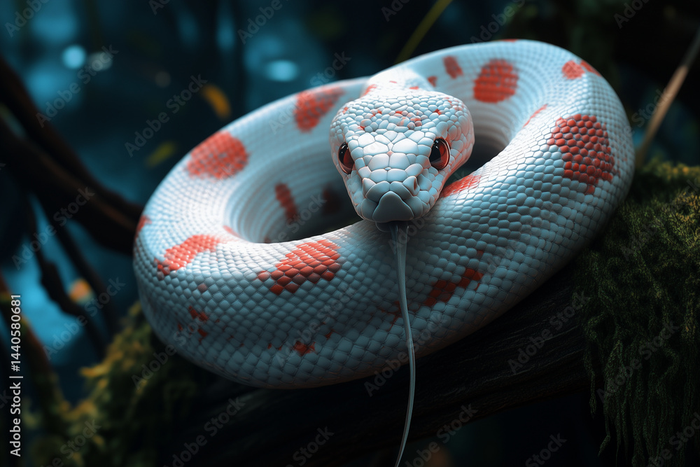 Fototapeta premium White and Red Corn Snake Resting on a Tree Branch
