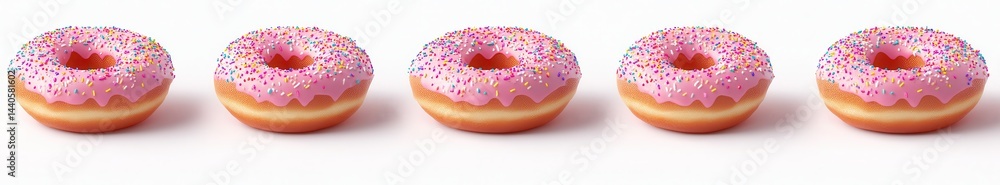 Colorful Pink Frosted Donuts with Sprinkles Arranged Neatly on a White Background Perfect for Sweet Treats and Dessert Illustrations Colorful Pink Frosted Donuts with Sprinkles Arranged Neatly on a White Background Perfect for Sweet Treats and Dessert Illustrations