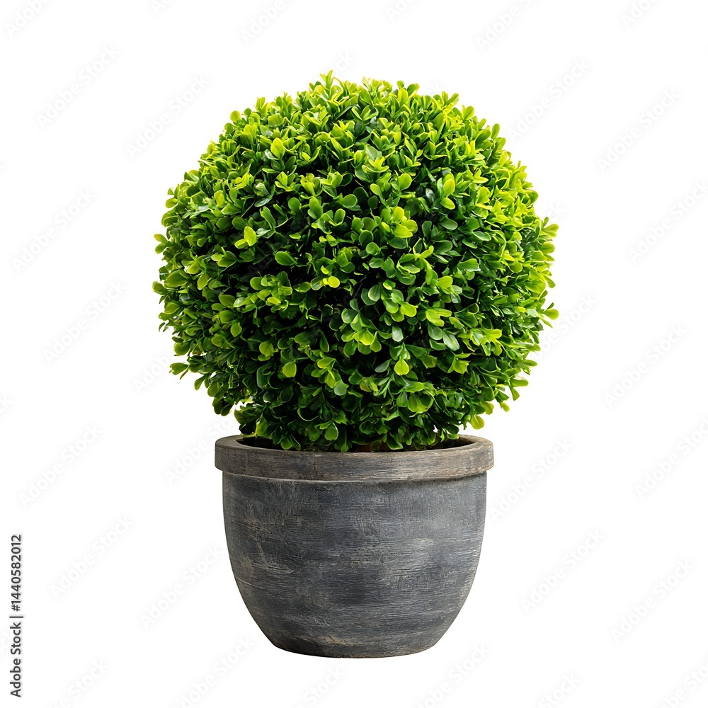 A lush green boxwood topiary, shaped into a perfect sphere, sits in a rustic gray pot. The plant is isolated against a clean white background A lush green boxwood topiary, shaped into a perfect sphere, sits in a rustic gray pot. The plant is isolated against a clean white background