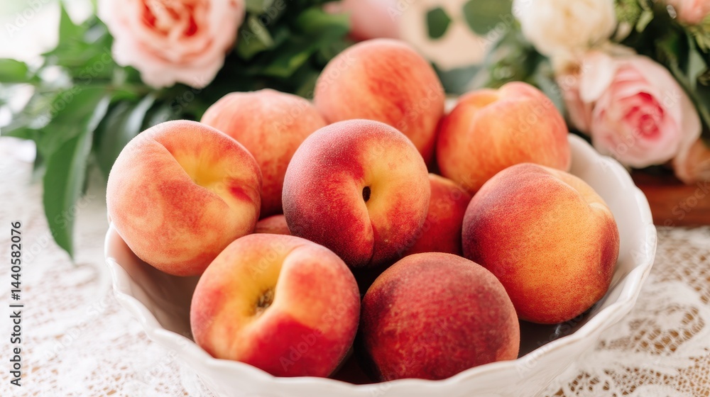 Fresh peaches arranged in a decorative bowl on a lace tablecloth with floral background Fresh peaches arranged in a decorative bowl on a lace tablecloth with floral background