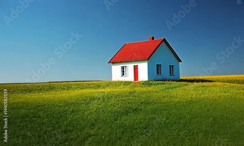 Wallpaper Mural A solitary white house with a red roof stands in a lush green field under a clear blue sky Torontodigital.ca