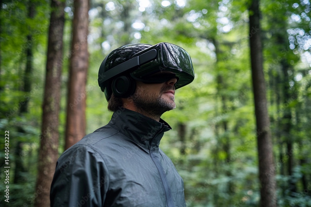 Man using virtual reality headset in a dense forest during a calm afternoon Man using virtual reality headset in a dense forest during a calm afternoon