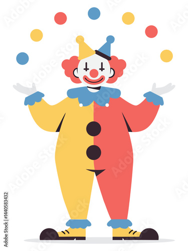 Colorful Clown Performing Entertaining Magic Tricks with Colorful Balls in a Fun Circus Setting