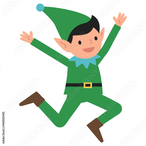 Cheerful Cartoon Elf Character Jumping with Joy in Bright Green Outfit and Pointy Hat