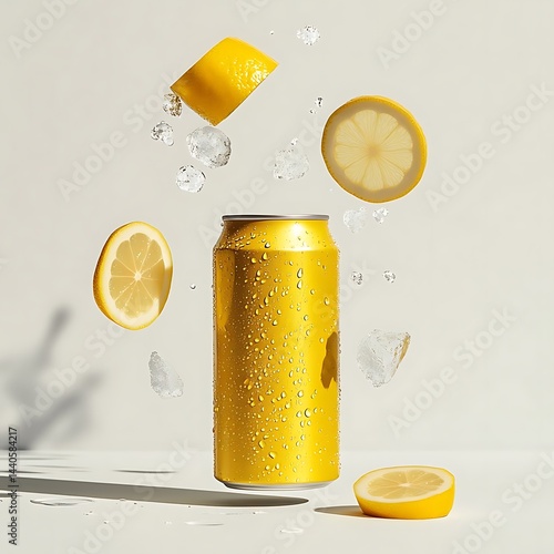 Yellow Can with Lemon, Ice, and Refreshing Drink. (10)