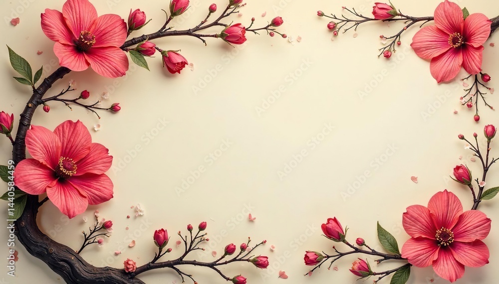 Naklejka premium Bold blossoms, scrolling vines; muted earth tones , art, earth tones