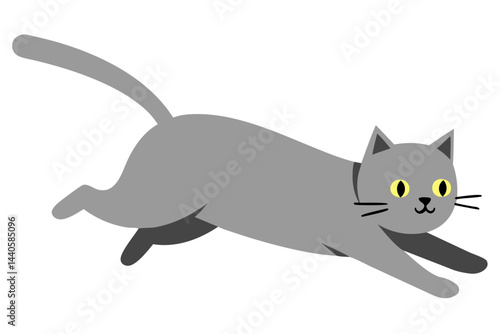 Playful Gray Cat with Yellow Eyes in a Dynamic Running Pose on White Background