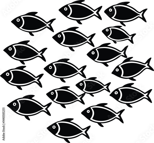 A vintage vector set of fish illustrations features a seamless pattern with hipster mustache and glasses silhouettes