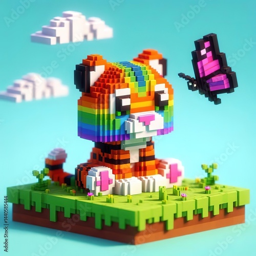 Tiger with rainbow colors and butterfly nature isometric voxel art 3d style digital illustration