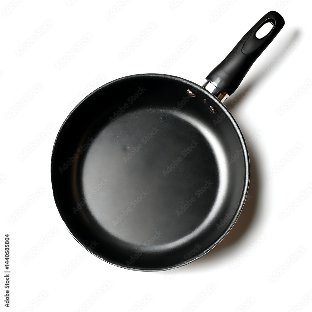 A top-down view of a black non-stick frying pan isolated on a clean white background A top-down view of a black non-stick frying pan isolated on a clean white background