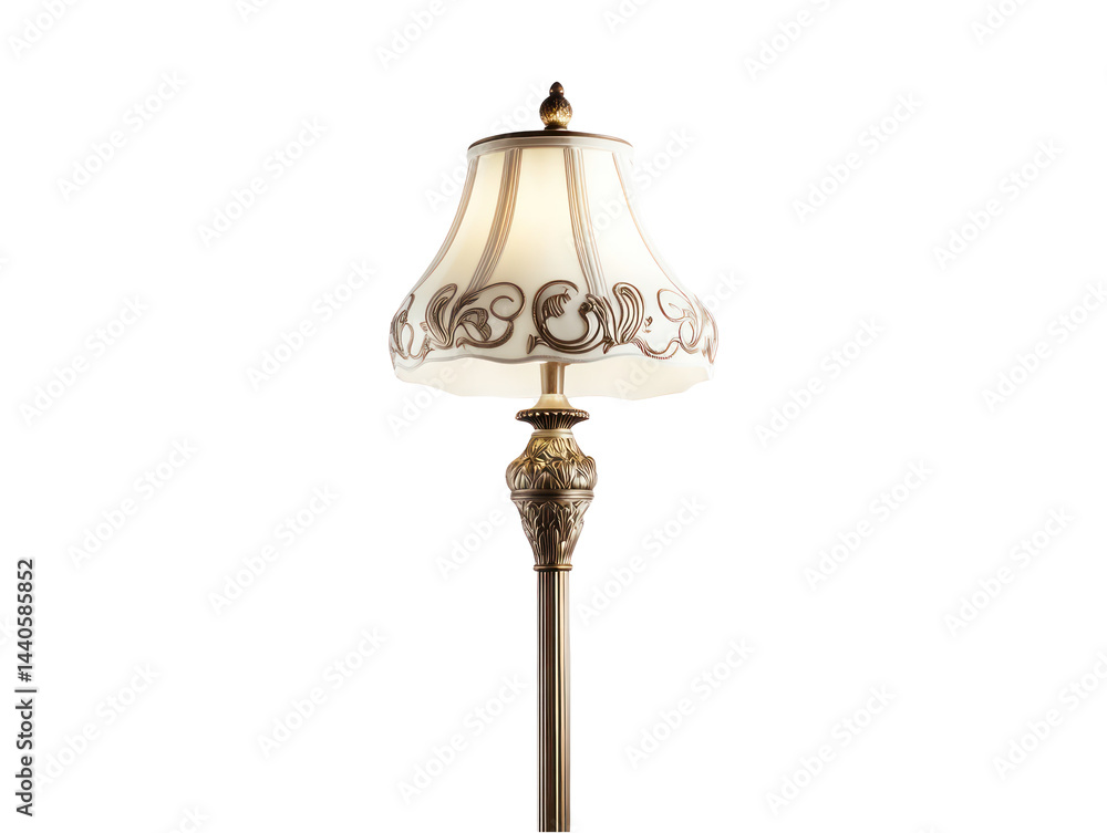 High-quality image of a classic floor lamp with a decorative shade, presented against a solid black backdrop. The lamp features ornate detailing and warm colors.