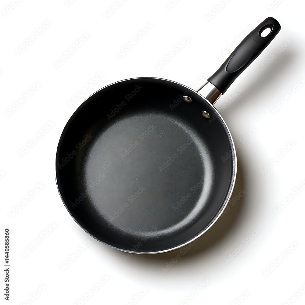 A top-down view of a black non-stick frying pan isolated on a clean white background A top-down view of a black non-stick frying pan isolated on a clean white background
