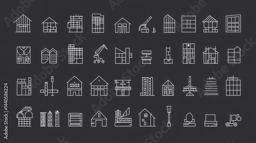 Collection of minimalist line art construction icons on a dark background.