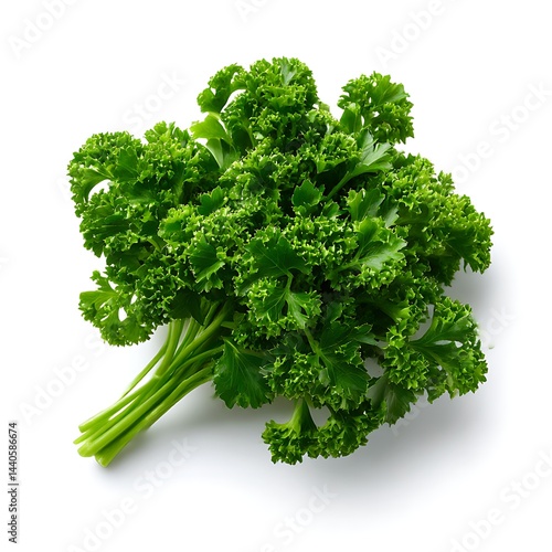 A vibrant bunch of fresh, curly parsley isolated on a clean white background