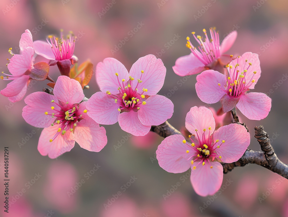 Pink cherry blossoms in full bloom on branch, showcasing delicate petals and vibrant yellow stamens against soft, blurred background. image captures essence of springtime beauty