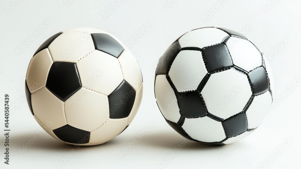 Set of classic and modern soccer balls side by side on white surface. Set of classic and modern soccer balls side by side on white surface.