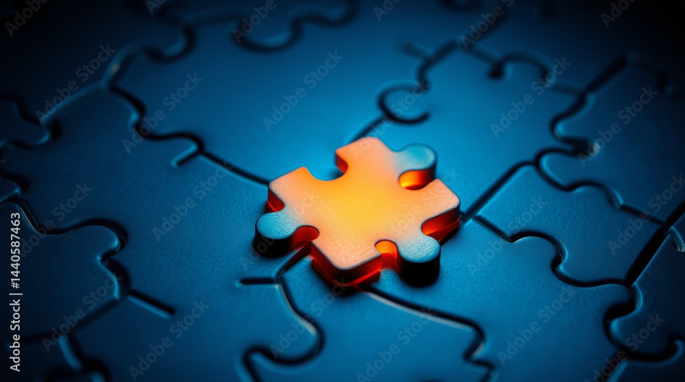 Obraz premium Glowing orange puzzle piece stands out on dark blue abstract texture background creating striking contrast and intriguing texture effect