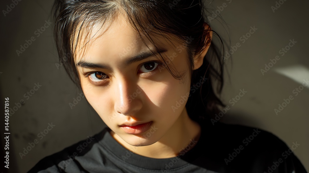 強い光と影の中で、こちらを見つめる黒いTシャツの女性 強い光と影の中で、こちらを見つめる黒いTシャツの女性