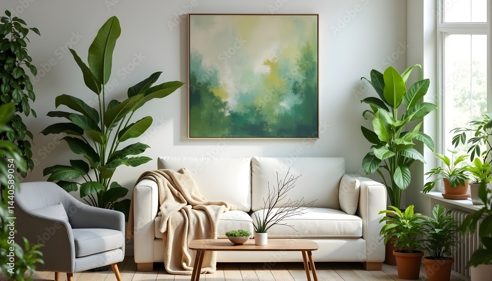 A bright and airy living room features a white sofa, complemented by lush green plants and a calming abstract painting above.