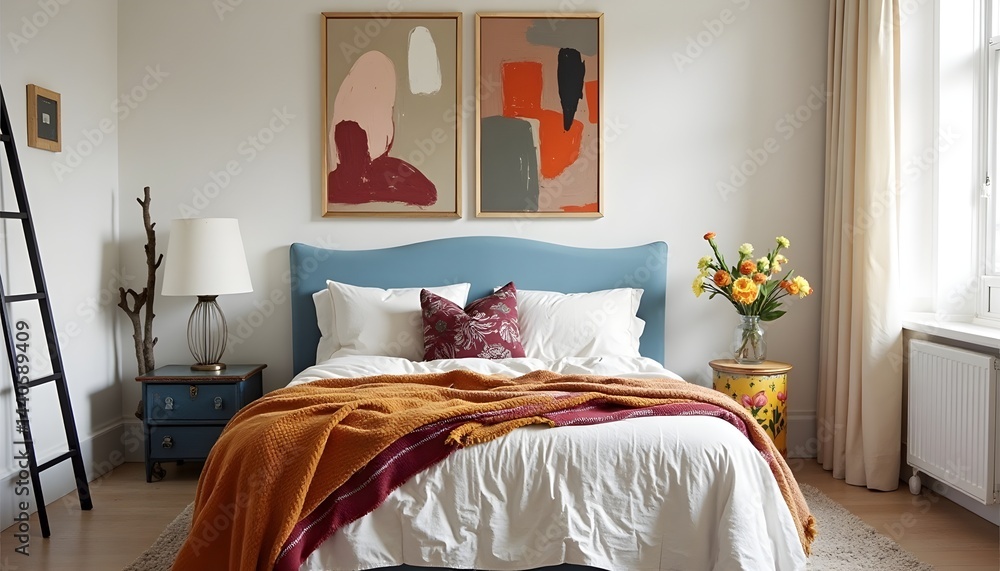 A cozy bedroom with a teal headboard, warm-toned bedding, and abstract art. The room has a calm and inviting atmosphere.