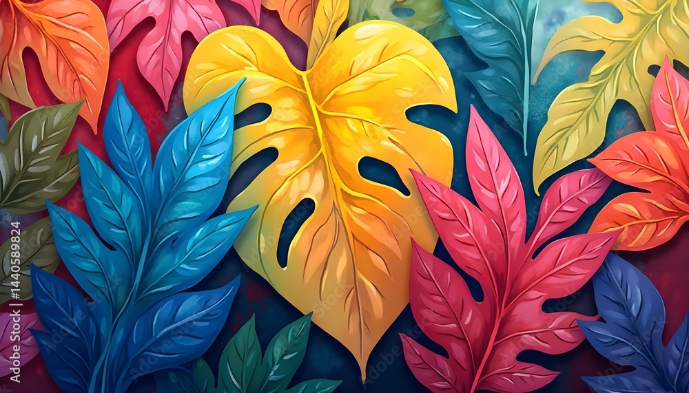 Vibrant tropical leaves in a rainbow of colors. A digital illustration featuring a heart-shaped yellow leaf.