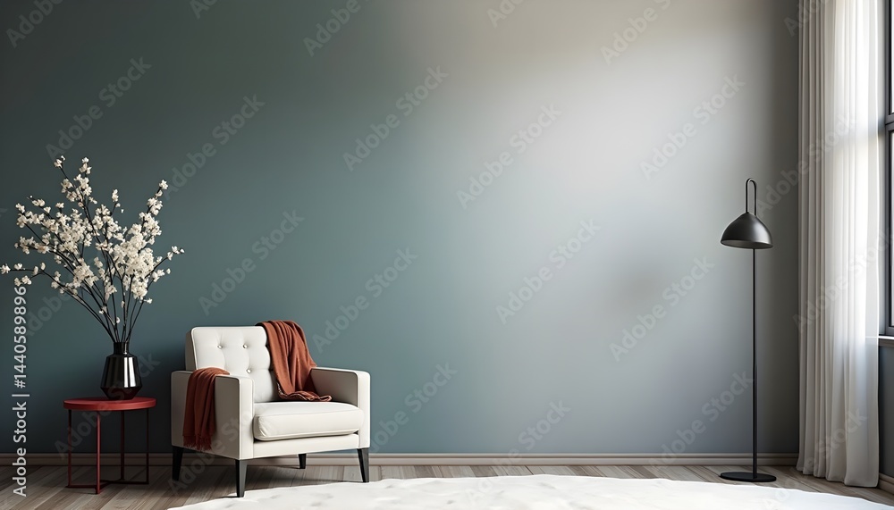 Relaxing minimalist living room interior with a comfy armchair, a floor lamp, and a flowering branch in a vase. Muted teal and beige color palette creates a serene atmosphere.