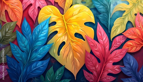 Obraz na płótnie Vibrant tropical leaves in a rainbow of colors. A digital illustration featuring a heart-shaped yellow leaf. w salonie