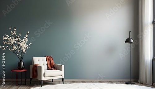 Obraz na płótnie Relaxing minimalist living room interior with a comfy armchair, a floor lamp, and a flowering branch in a vase. Muted teal and beige color palette creates a serene atmosphere. w salonie