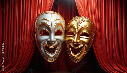 theater masks drama and comedy with a red curtain 3d rendering mixed media