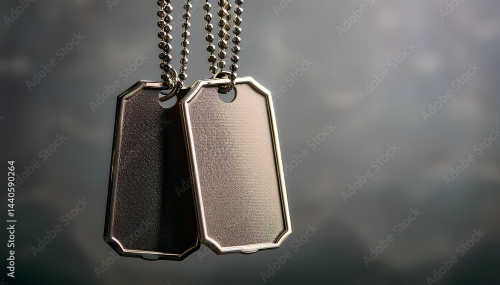 Fototapeta premium suspended id tags military inspired blank dog tags against a neutral backdrop