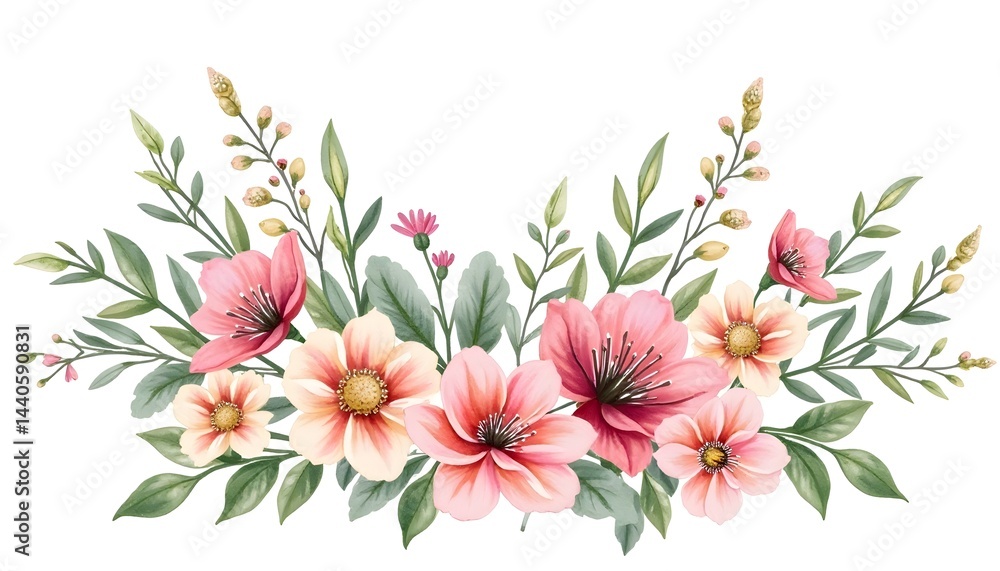 Delicate watercolor floral arrangement. Soft pink and peach blossoms with lush green foliage create a romantic and elegant design.