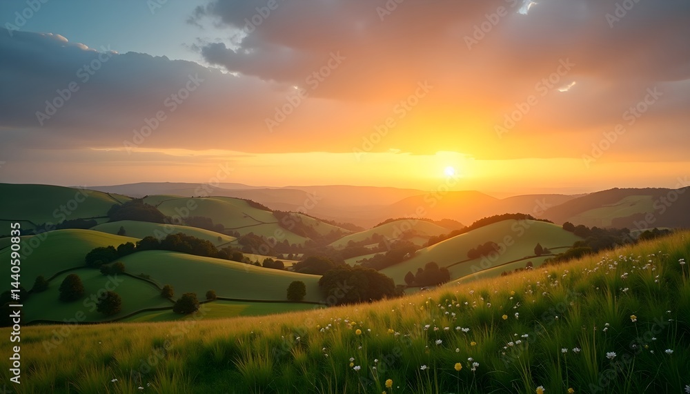 Serene sunset over rolling green hills. Warm golden light paints the landscape, creating a peaceful and picturesque scene.