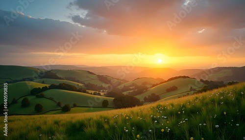 Serene sunset over rolling green hills. Warm golden light paints the landscape, creating a peaceful and picturesque scene.