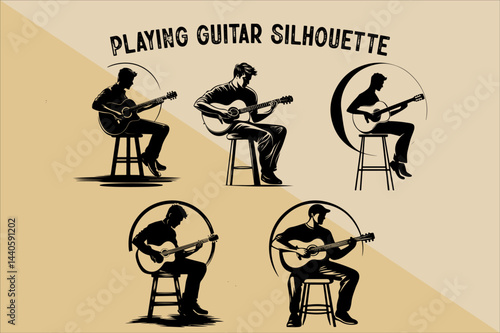 Silhouette of Person Playing Guitar. Musician Playing Guitar Silhouette.
