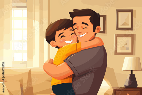 Two characters warmly embrace in a cheerful, animated style. Cozy family scene with bright colors and joyful expressions.