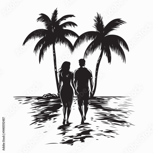 Romantic Couple Walking on the Beach from Behind, Hand in Hand, Enjoying the Sunset View silhouette vector