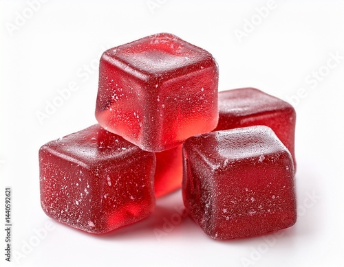 isolated photo of red gummy candy cubes on a white background