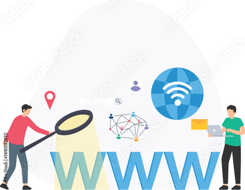 Software developers utilizing a large magnifying glass, searching the vast world wide web, while working on laptops and connecting to a global network of information


