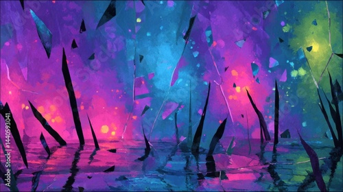 Abstract colorful vibrant digital art with geometric shapes and light effects on textured background
