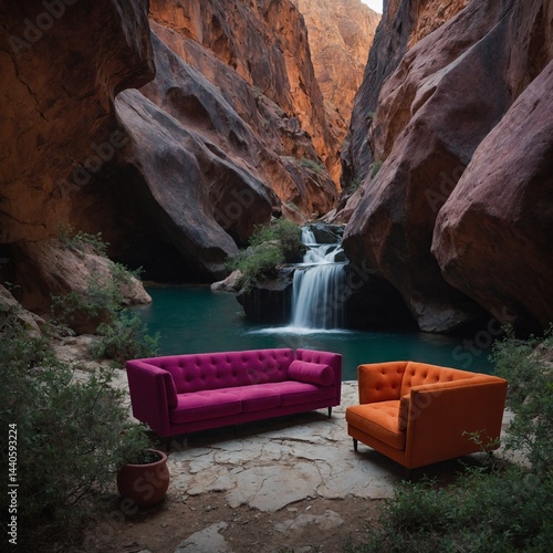 A magenta and orange blended sofa in a mystical canyon.