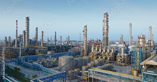 Aerial shot of oil refinery chemical plant with complex pipelines and storage tanks in large industrial area. Business finance and energy industry background.