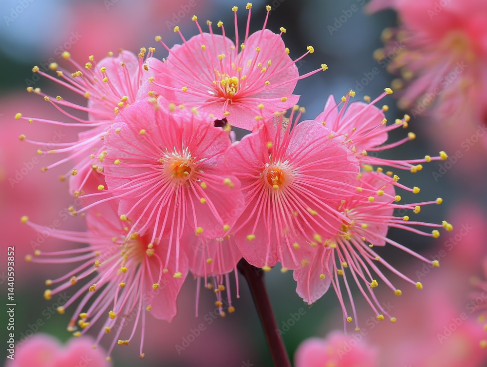 Pink cherry blossoms in full bloom create vibrant and delicate display, with intricate petals and yellow stamens. soft focus background enhances beauty and tranquility of scene