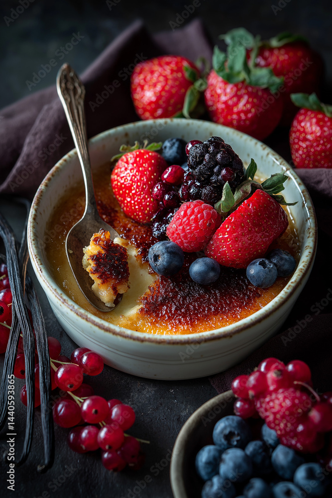 Crème Brûlée A golden caramelized crème brûlée in a ramekin, spoon cracking the top, with vanilla beans and berries on the side, shot with soft lighting.
Crème Brûlée A golden caramelized crème brûlée in a ramekin, spoon cracking the top, with vanilla beans and berries on the side, shot with soft lighting.