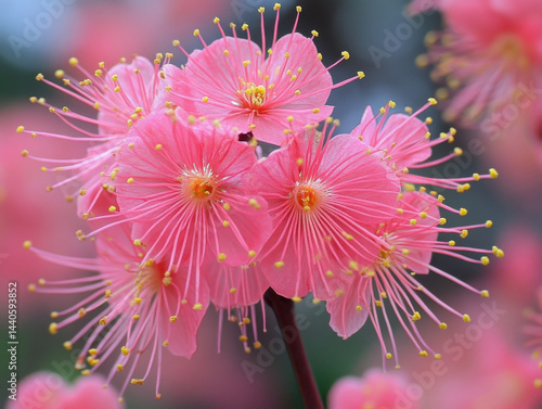 Obraz na płótnie Pink cherry blossoms in full bloom create vibrant and delicate display, with intricate petals and yellow stamens. soft focus background enhances beauty and tranquility of scene w salonie