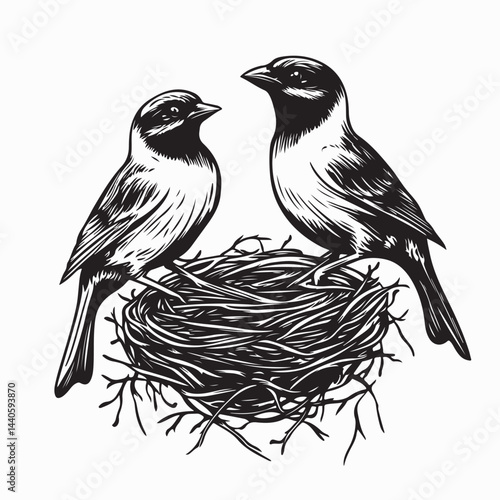 Bird sitting on nest and looking around in the forest image vector isolated on white background.